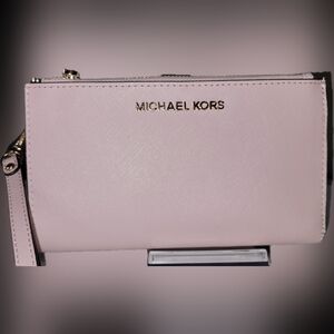 MICHAEL KORS Jet Set Travel Double Zio Wallet Phone Case Wristlet Pink NEW.